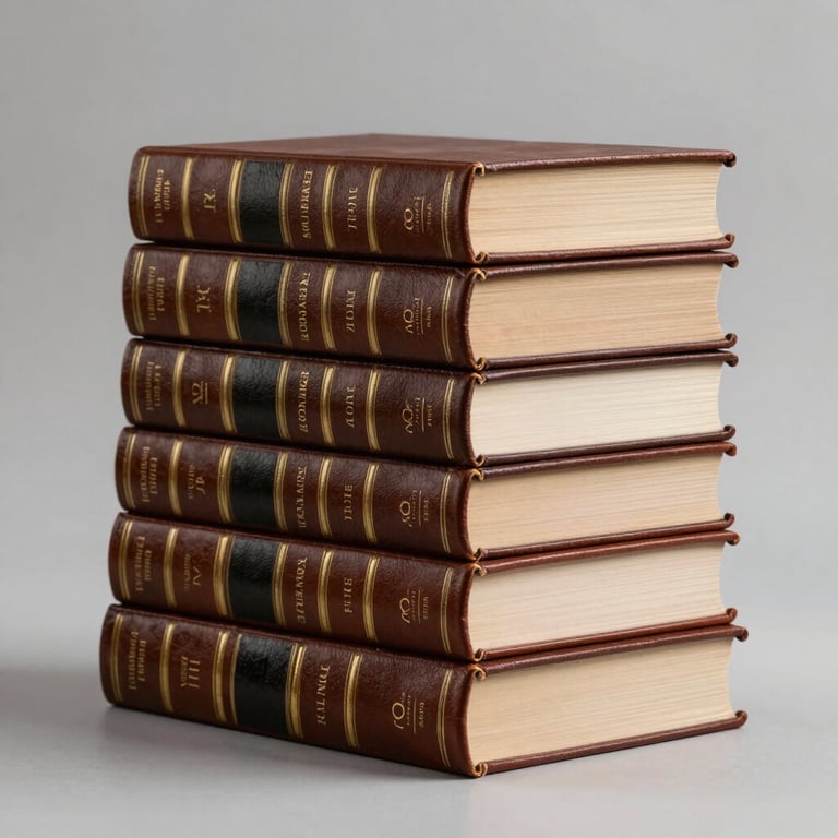 A stack of leather-bound law books with gold foil lettering on the spines, soft bokeh background.