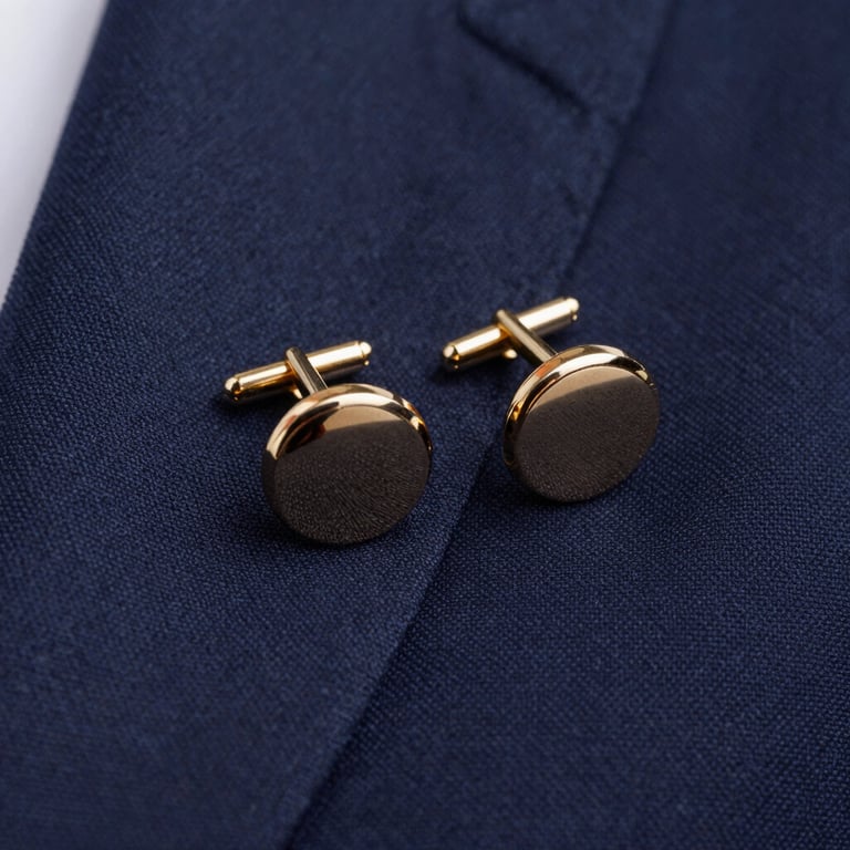 A pair of gold cufflinks resting on a deep navy suit fabric, sharp focus on texture.