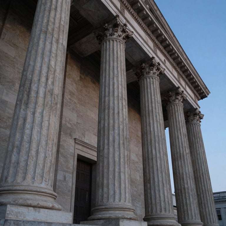 Abstract perspective of classic stone pillars of a courthouse under a clear twilight sky.