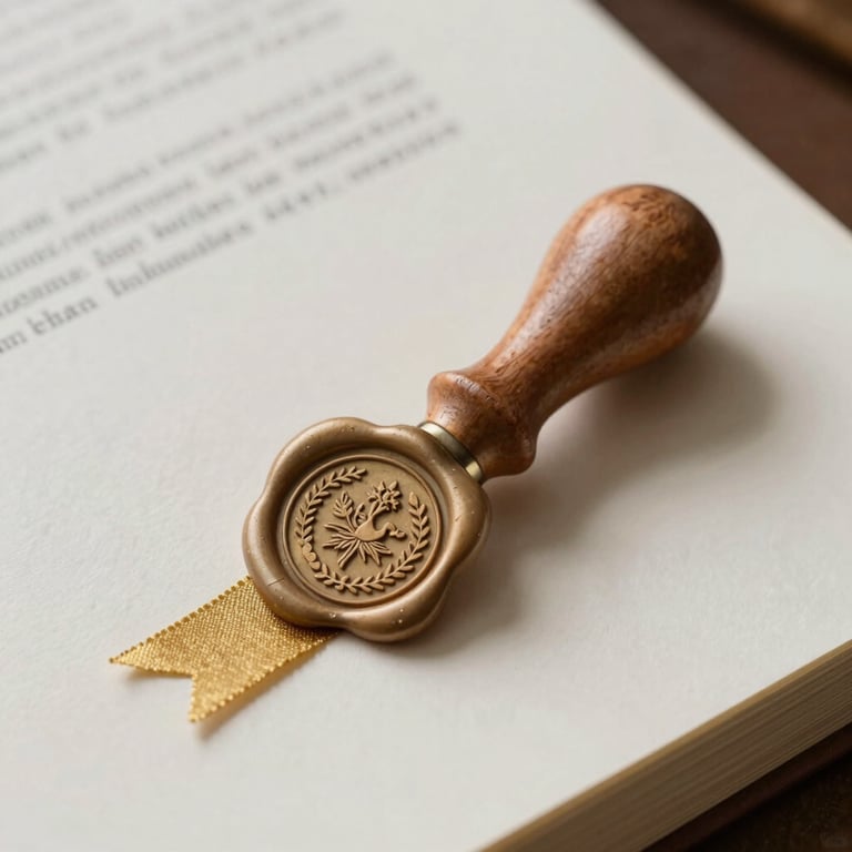 Detailed shot of a bone white document with a traditional wax seal and gold ribbon.