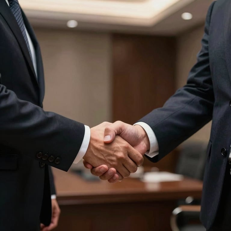 A firm, professional handshake between two people in formal attire, captured in a dimly lit, high-end executive room.