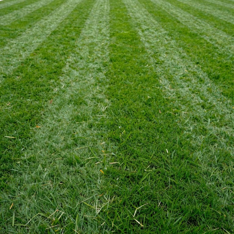 A freshly mowed, vibrant leaf green lawn with perfect professional striping.