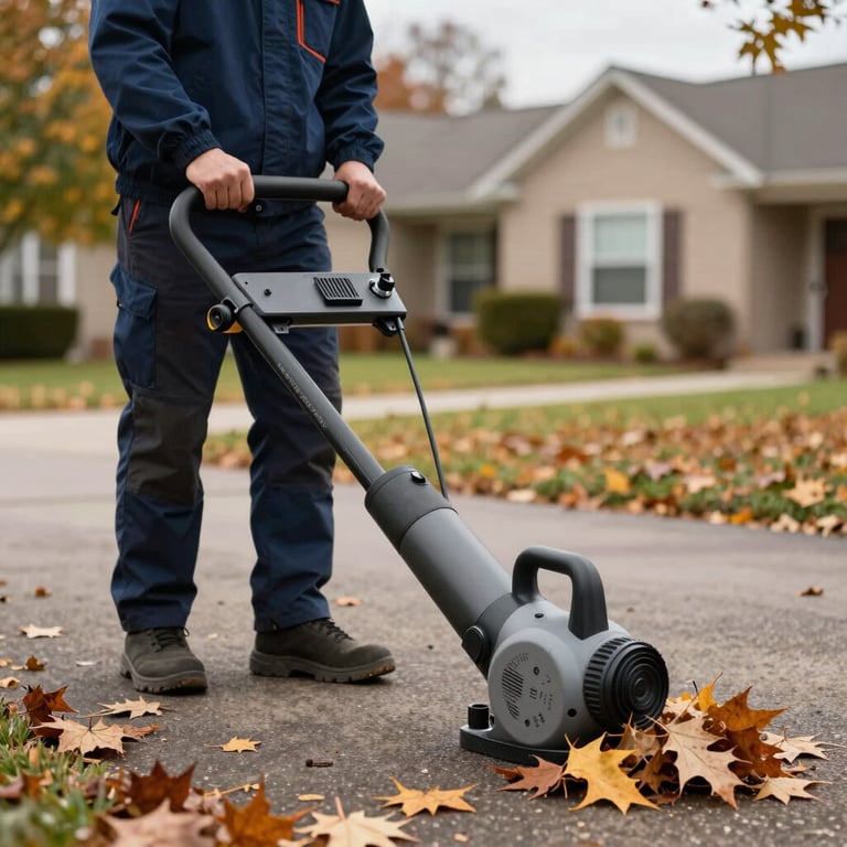 Professional leaf cleanup service with a leaf blower in a suburban driveway during autumn.