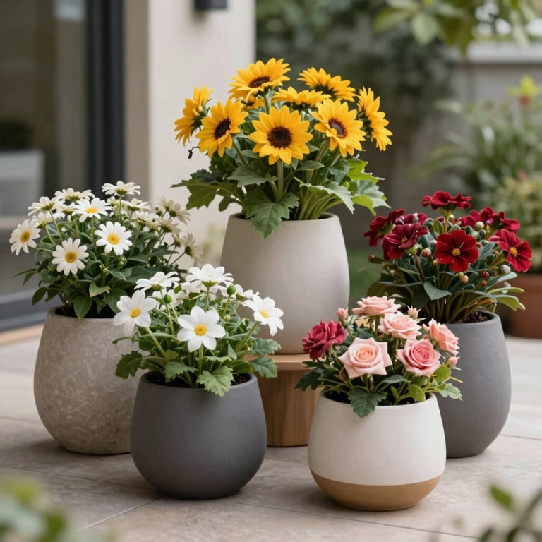 Vibrant flowers in modern decorative pots arranged on a clean outdoor patio.