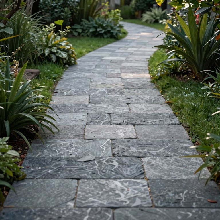 A newly installed stone paver pathway winding through a deep green garden.