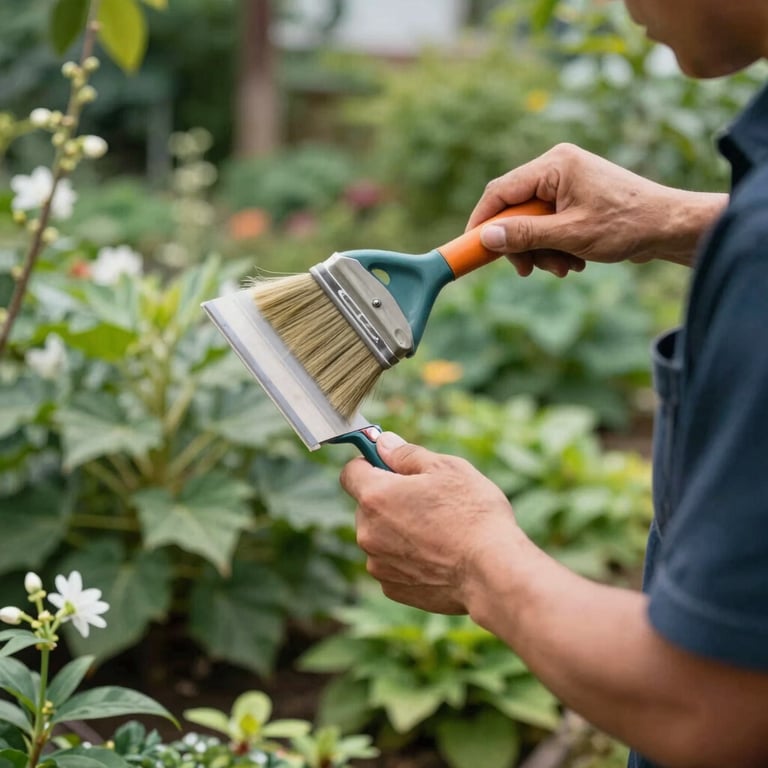 A worker performing professional brush removal in a lush North American garden setting.
