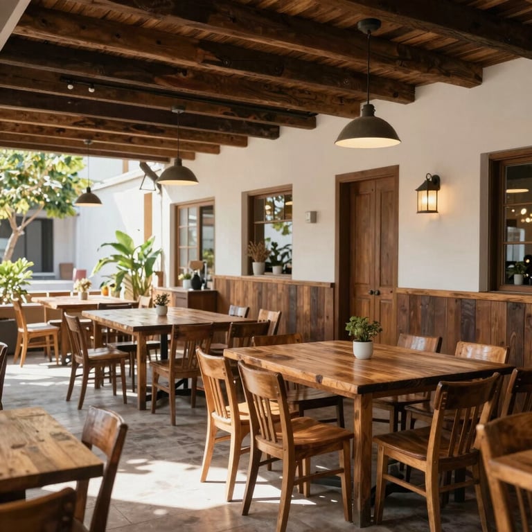 Comedor del centro, limpio y ordenado, con luz natural abundante y mesas de madera que fomentan la comunidad.