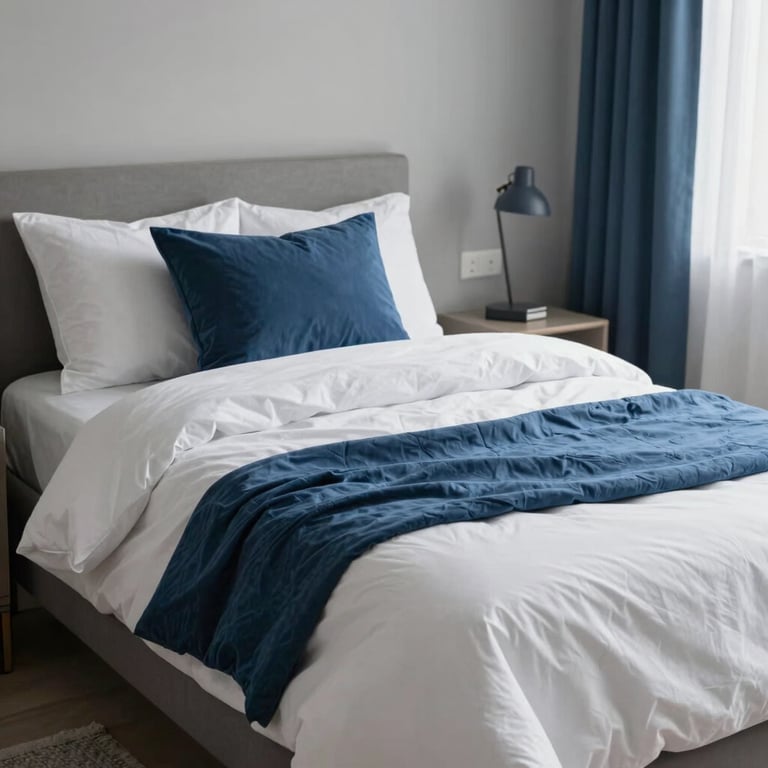 Habitación residencial impecable y acogedora con ropa de cama blanca y detalles en azul, diseñada para el descanso y la recuperación.