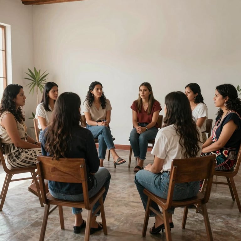 Sesión de terapia grupal en un salón luminoso con decoración minimalista oaxaqueña, ambiente de apoyo y respeto mutuo.