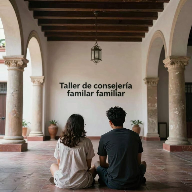 Taller de consejería familiar en un espacio abierto con arcos coloniales, transmitiendo unión y esperanza.