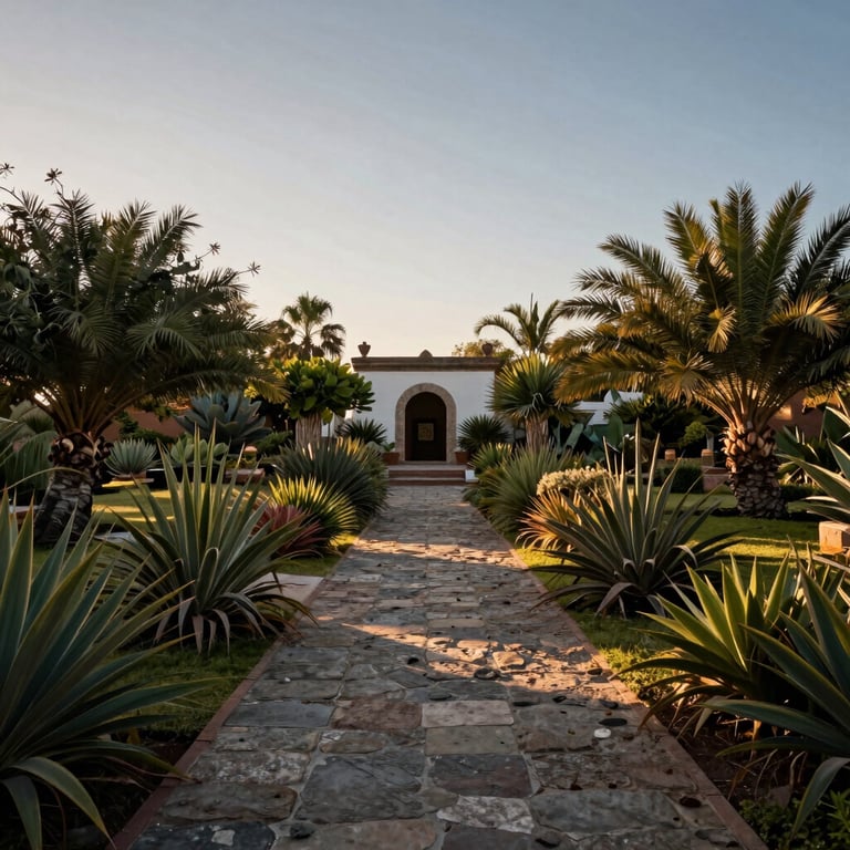 Área de meditación al aire libre en la hacienda, rodeada de plantas nativas de Oaxaca y senderos de piedra bajo la luz del atardecer.