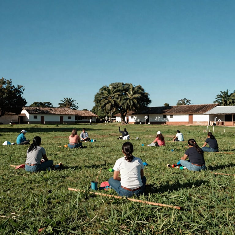 Pacientes participando en actividades recreativas de hacienda en un campo abierto verde bajo un cielo azul brillante.
