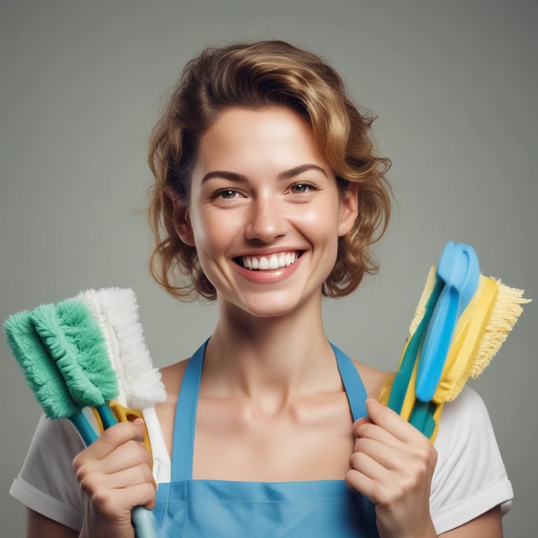 Smiling professional female cleaner holding colorful duster and scrub brush cleaning supplies.