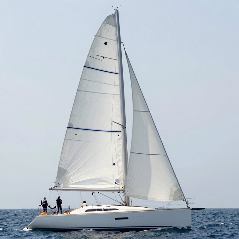 A lifestyle shot of a modern sailing yacht with large white sails catching the wind on a bright day.