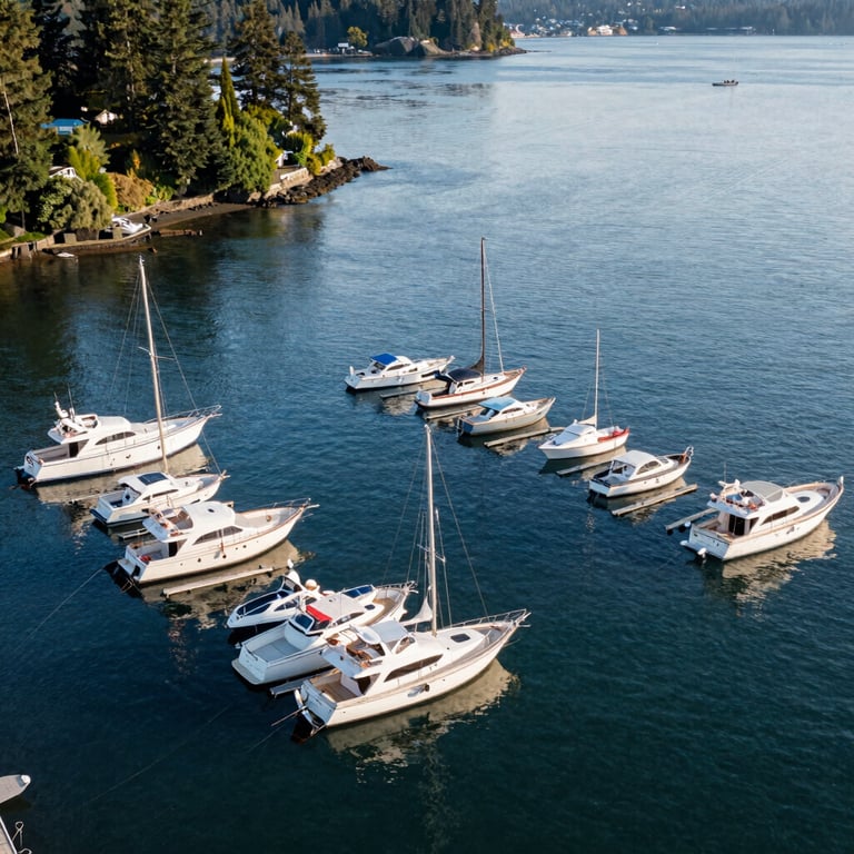 An aerial view of Friday Harbor, Washington, with luxury boats moored in the clear light blue water.