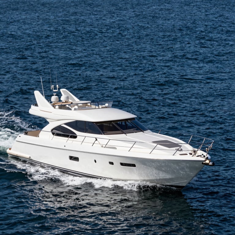 A sleek white motor yacht cruising through the deep blue waters of the Pacific Northwest coast.