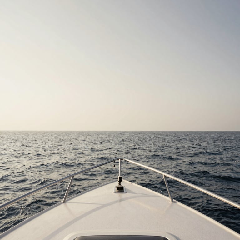 A clean, minimalist composition of a boat's bow cutting through waves towards a calm off-white horizon.