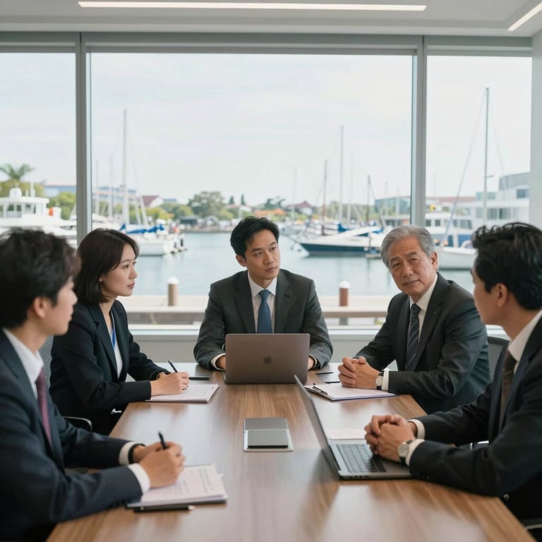 A professional business meeting occurring in a bright office overlooking a North American marina.