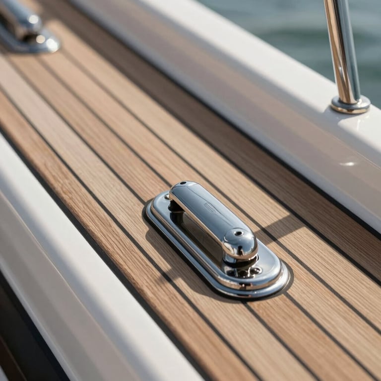 Detailed photography of a yacht's polished teak deck and chrome fixtures in the afternoon sun.
