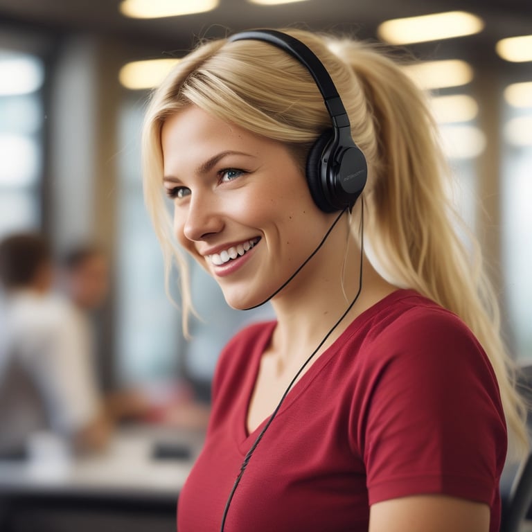 A friendly customer service representative with a headset smiling at a computer screen