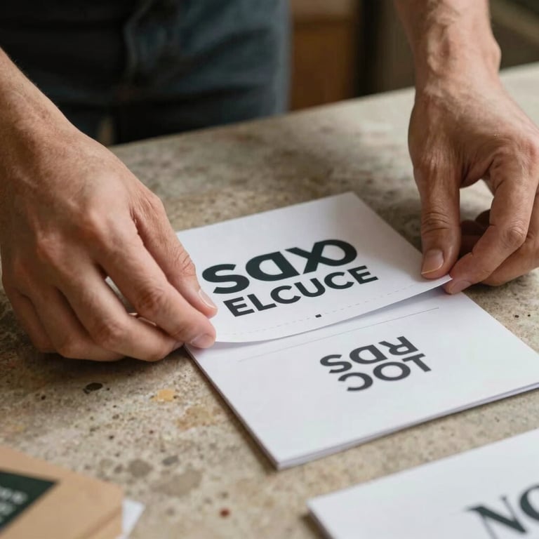 Close-up of a designer's hands arranging physical brand collateral on a warm stone surface, soft indirect daylight.