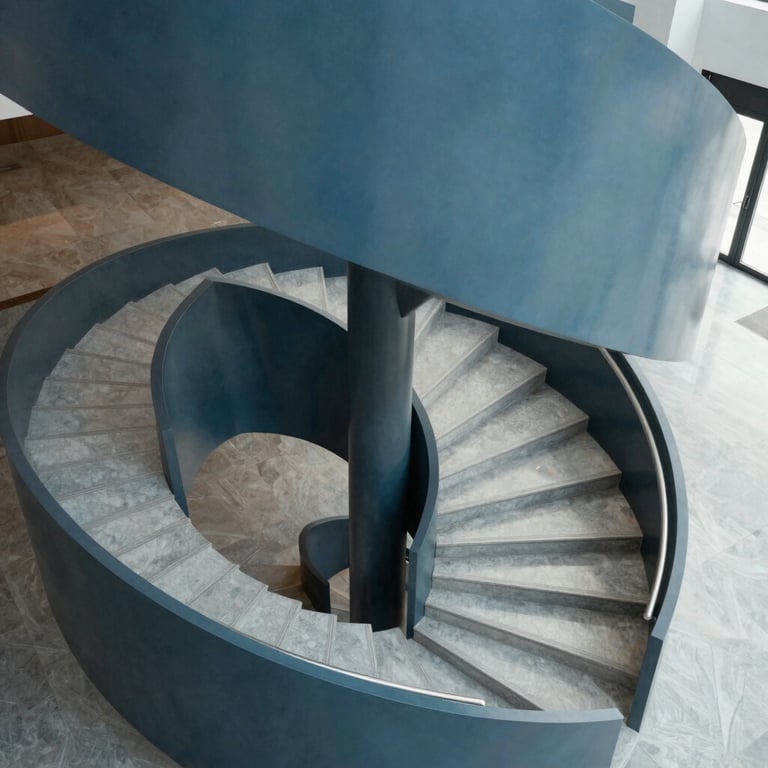 An abstract shot of a modern staircase spiraling upwards, representing institutional growth and policy design. Palette colors include slate blue and light grey.