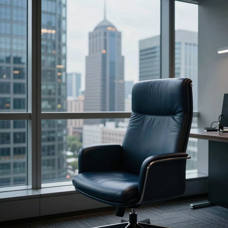 A high-end workspace with a single leather chair and a large window looking onto a global financial capital. Palette colors include dark navy and slate blue.