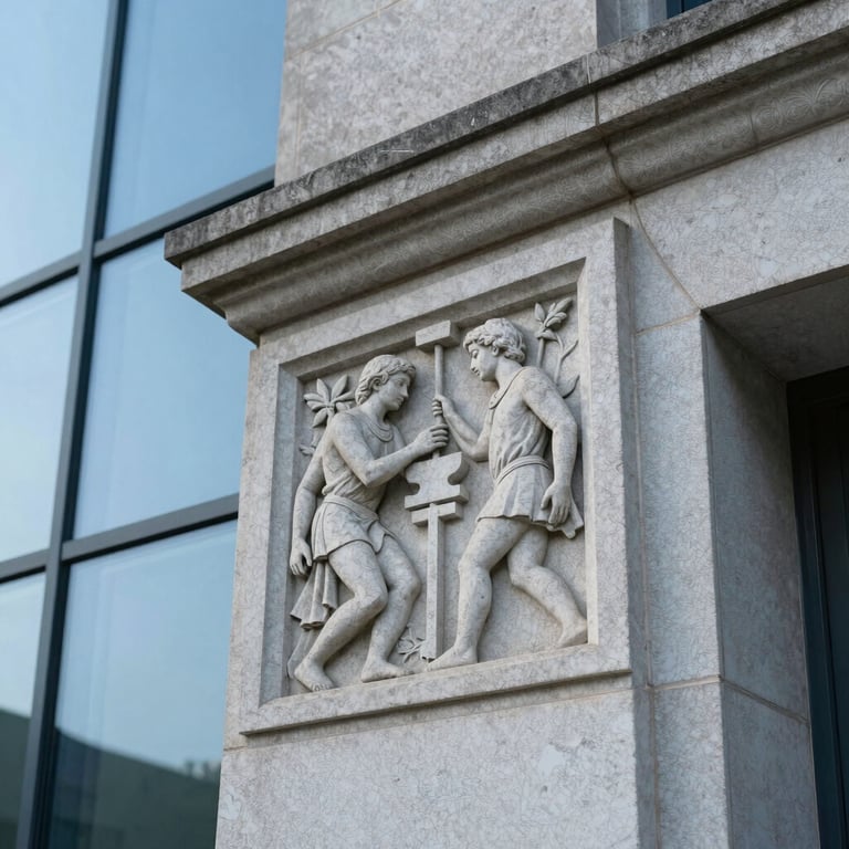 A detailed shot of architectural stone engraving on a heritage building integrated with modern glass. Palette colors include light grey and steel blue.