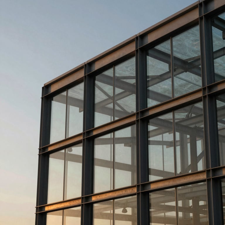 A sharp architectural detail of a steel and glass structure at dawn, representing visionary regulation. Palette colors include muted gold and dark navy.