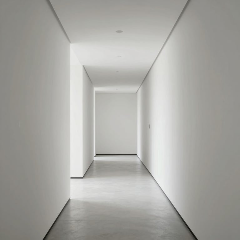 A minimalist white hallway in a prestigious consulting firm, conveying professional authority. Palette colors include off-white and light grey.