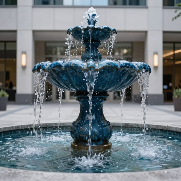 A close-up of a modern fountain in a corporate plaza, symbolizing strategic flow and stability. Palette colors include steel blue and light grey.