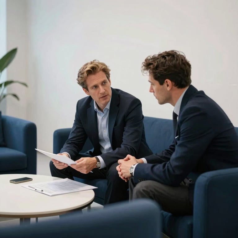 A candid photograph of two professionals discussing a project in a sleek, white lounge area with deep indigo furniture.