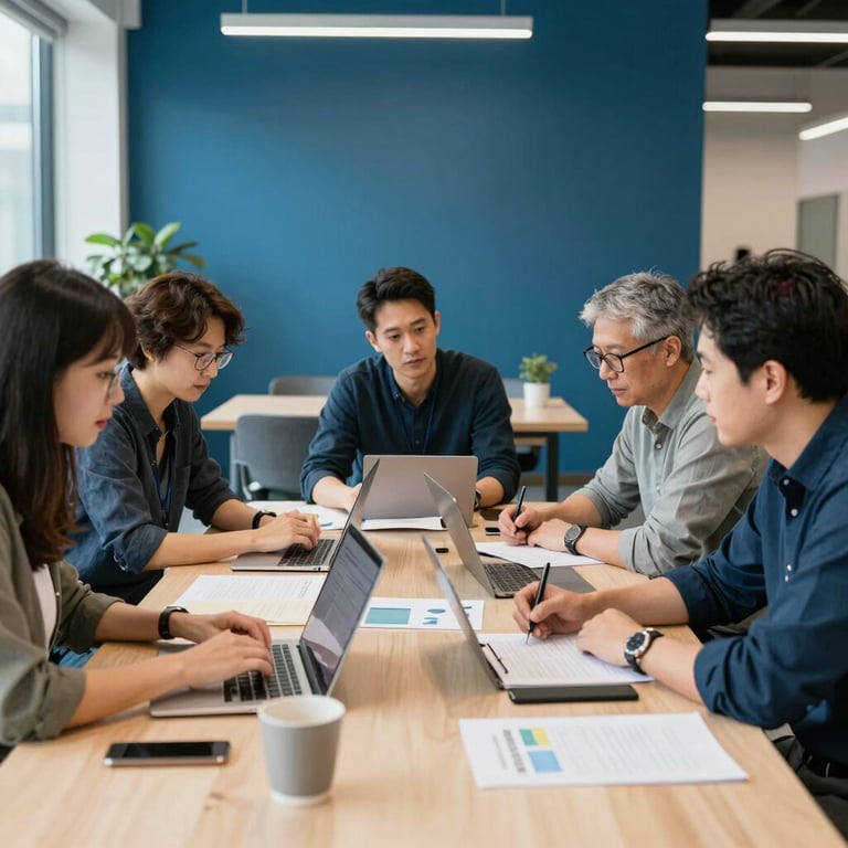 A group of focused adults participating in a design thinking workshop in a bright, modern North American office space with indigo walls.