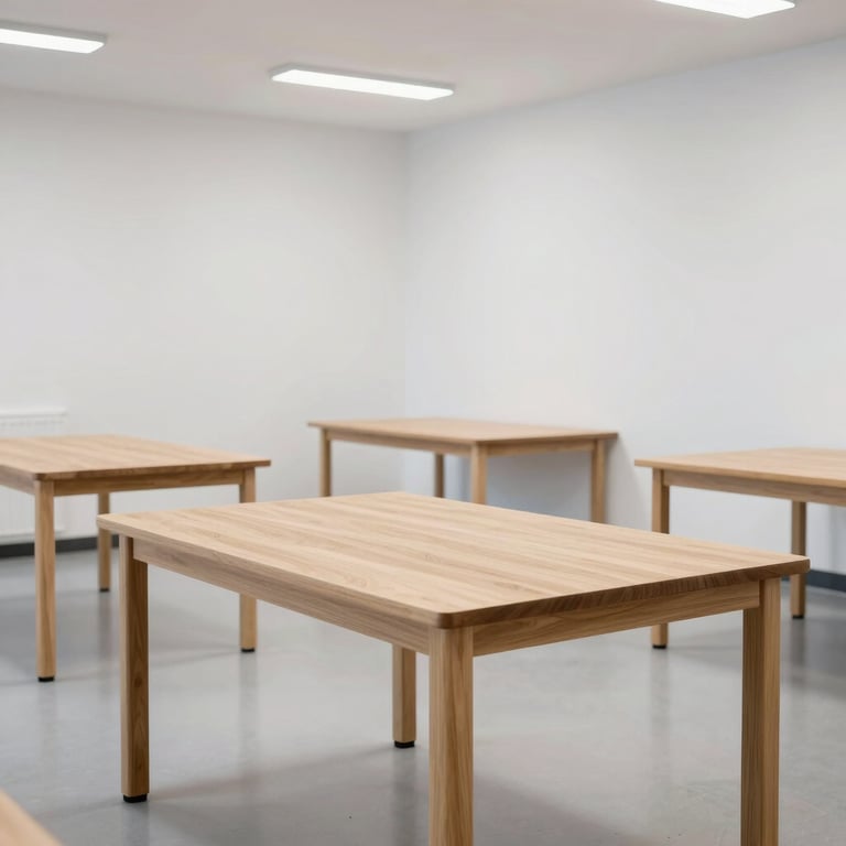 A bright, open-plan learning environment in North America featuring minimalist wood tables and clean white walls.