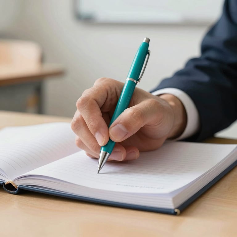 A detailed shot of a professional hand taking notes with a teal pen in a clean, minimalist educational setting.