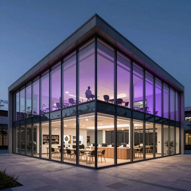 An architectural shot of a contemporary learning center with floor-to-ceiling glass and soft purple interior lighting.
