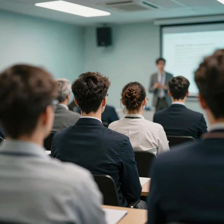 Close-up of a high-tech seminar room with soft teal lighting and professional attendees listening to a lecture.