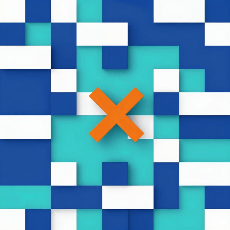 Abstract geometric mosaic of interlocking blue, turquoise, and white blocks with a single sharp orange arrow, clean lines and nodes, minimalist 3d render, crisp studio lighting, architectural precision.