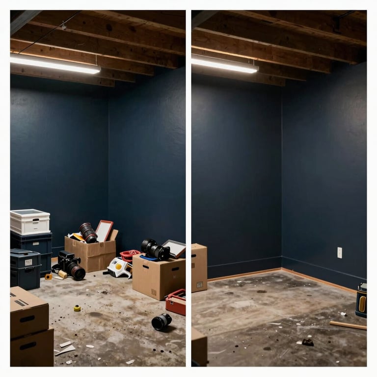 A before and after side-by-side of a cluttered basement becoming a pristine space with a dark charcoal blue finish.