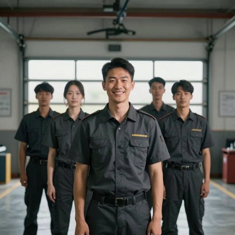 A smiling team member in a dark charcoal uniform standing in front of a perfectly cleared garage space.