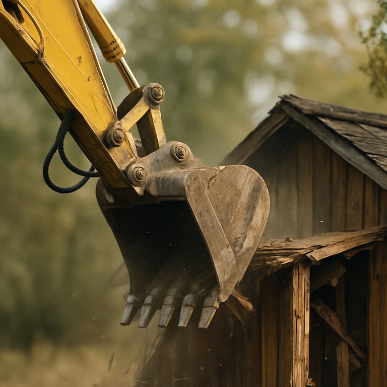 Detail shot of light demolition equipment being used with care on a small wooden structure.