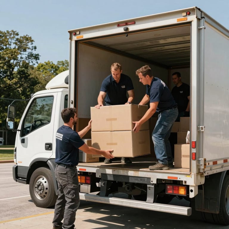 A team of professionals efficiently loading a removal truck on a bright Oklahoma day.