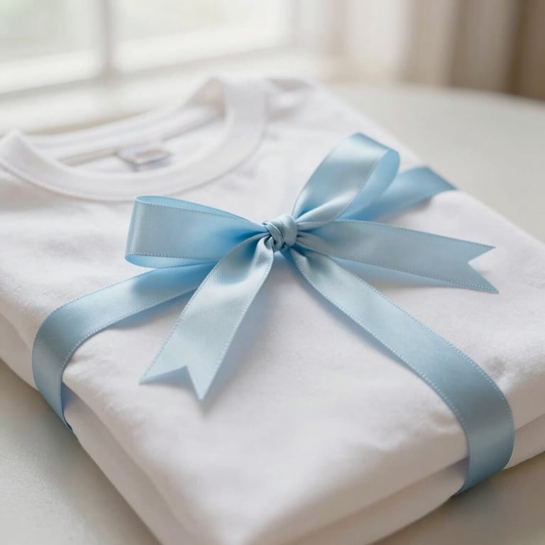 Close-up of a coquette-inspired personalized tee neatly folded with a pastel blue ribbon tied around it, soft morning light, shallow depth of field