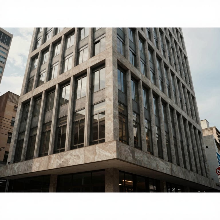 Exterior architectural shot of a contemporary law firm building with large windows in a South American urban center.
