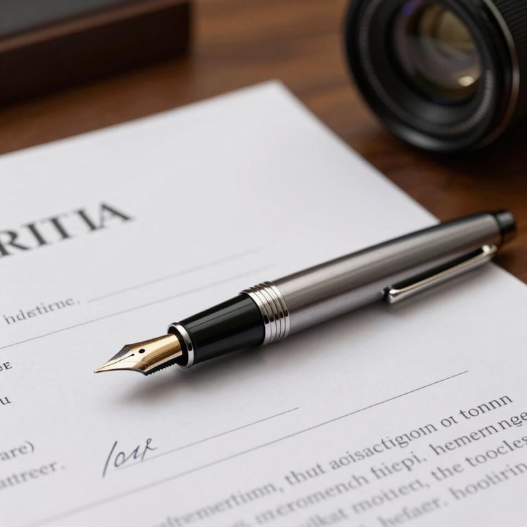 Close-up photography of a professional fountain pen resting on signed legal documents on a dark wood desk.