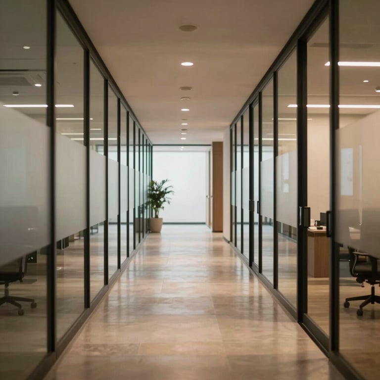 Modern South American office hallway with polished floors and glass walls, soft warm lighting, professional atmosphere.