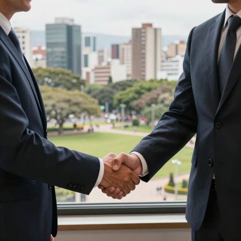 Two professionals in suits shaking hands in front of a window overlooking a South American city park.