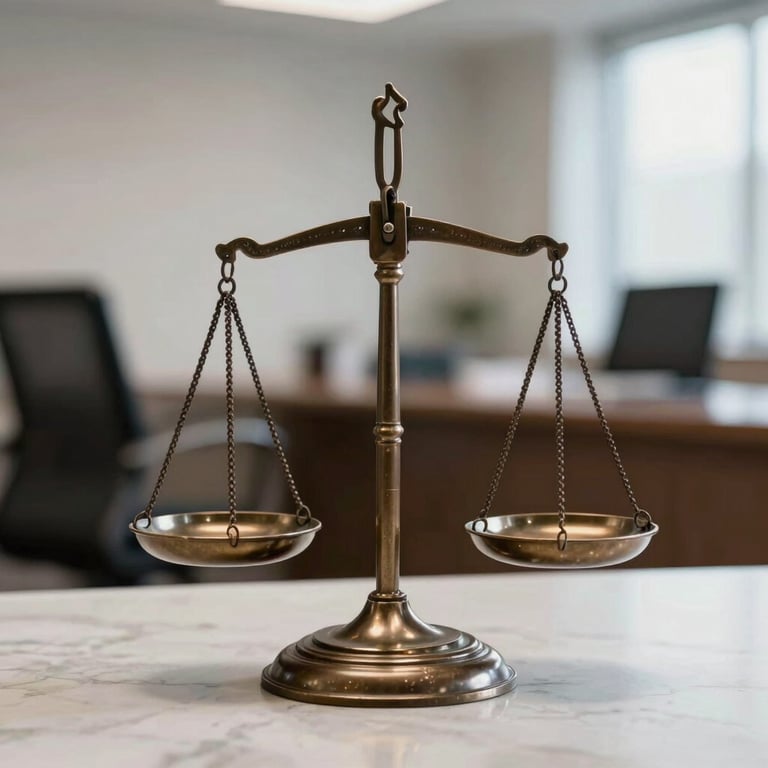 A detail shot of a bronze scale of justice on a marble surface with a blurred office background, soft natural light.