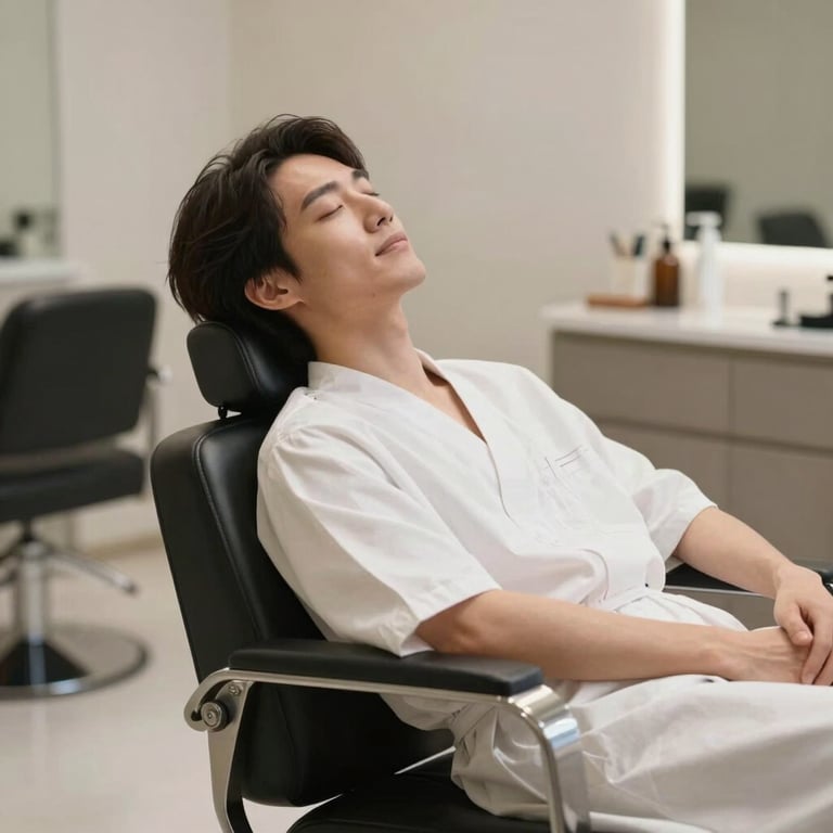 A client relaxing in a high-end salon chair, feeling confident and renewed, with soft ambient lighting.