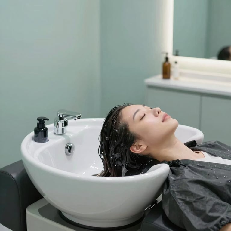 A view of a relaxing hair washing station with clean lines and a peaceful atmosphere, incorporating #607D7D muted teal elements.